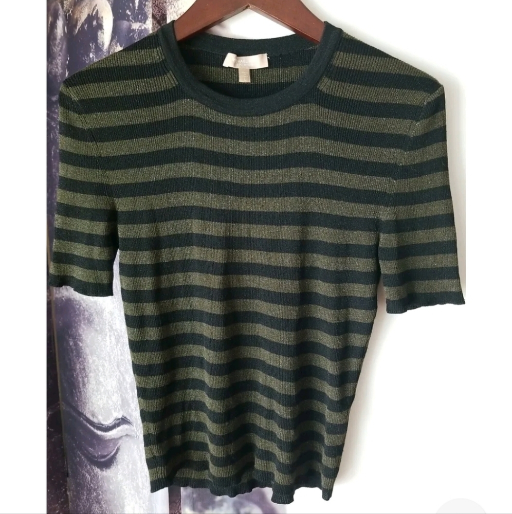 MICHAEL KORS COLLECTION Women's Metallic Striped‎ Short Sleeve Top Size L